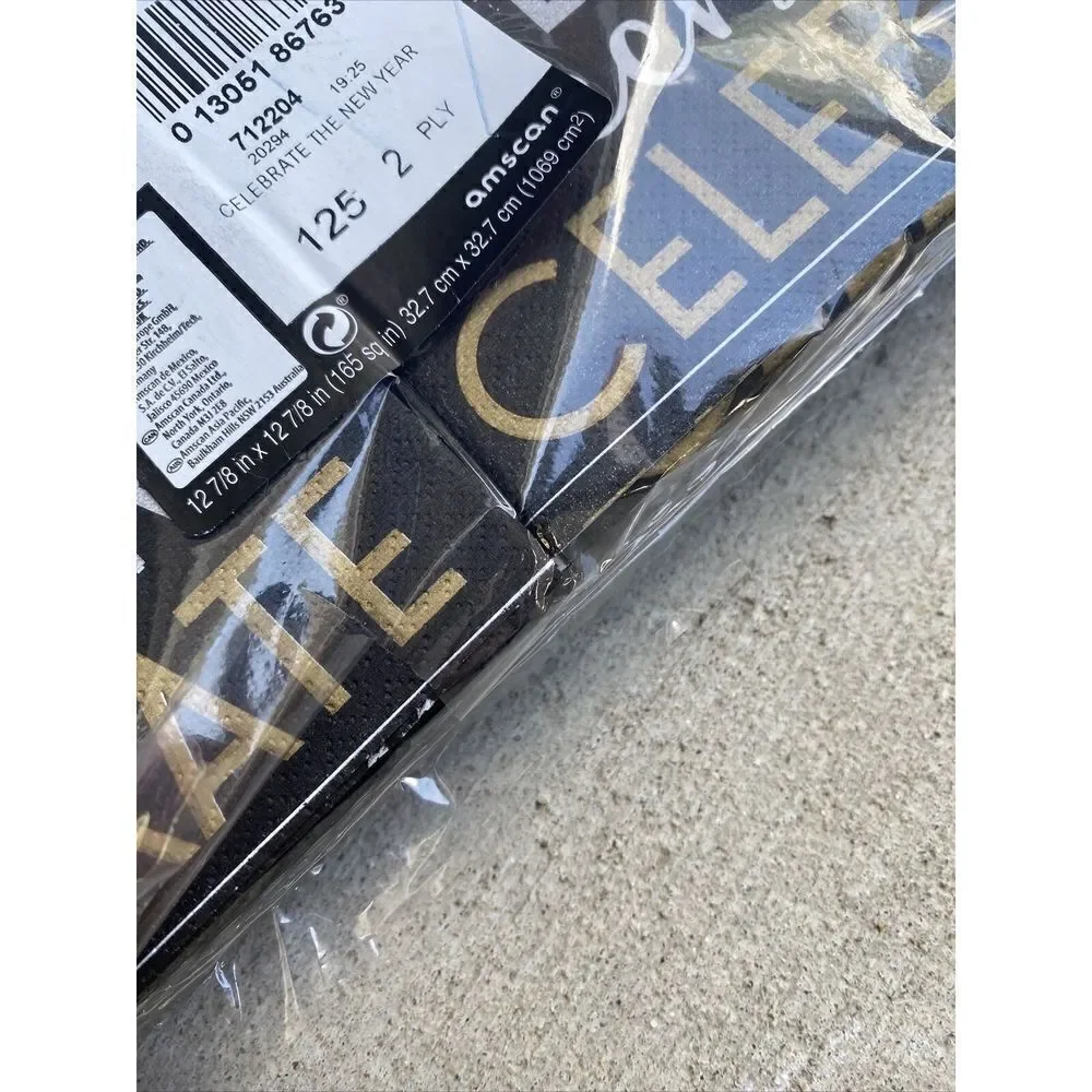 Black, Gold & Silver NYE Beverage Napkins 125ct. NEW 6.5”x6.5” Square